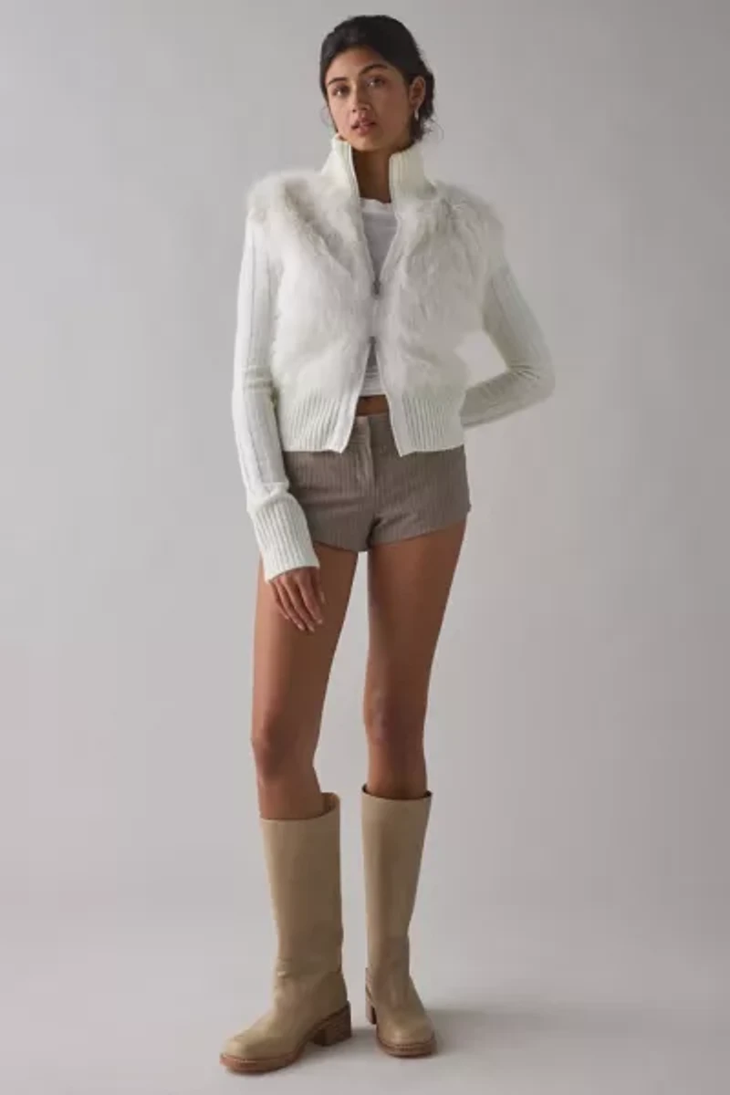 BDG Tori Faux Fur Trim Zip-Up Sweater Jacket