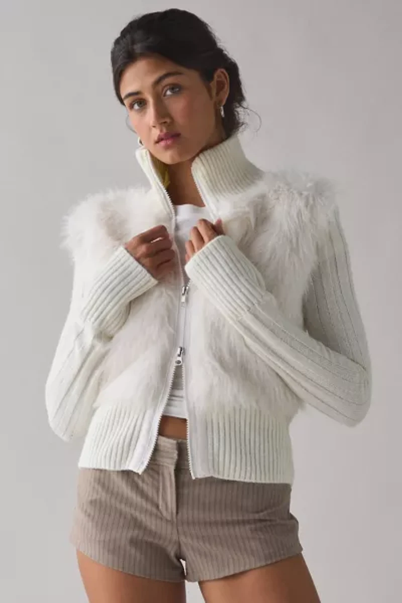 BDG Tori Faux Fur Trim Zip-Up Sweater Jacket