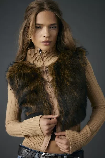 BDG Tori Faux Fur Trim Zip-Up Sweater Jacket