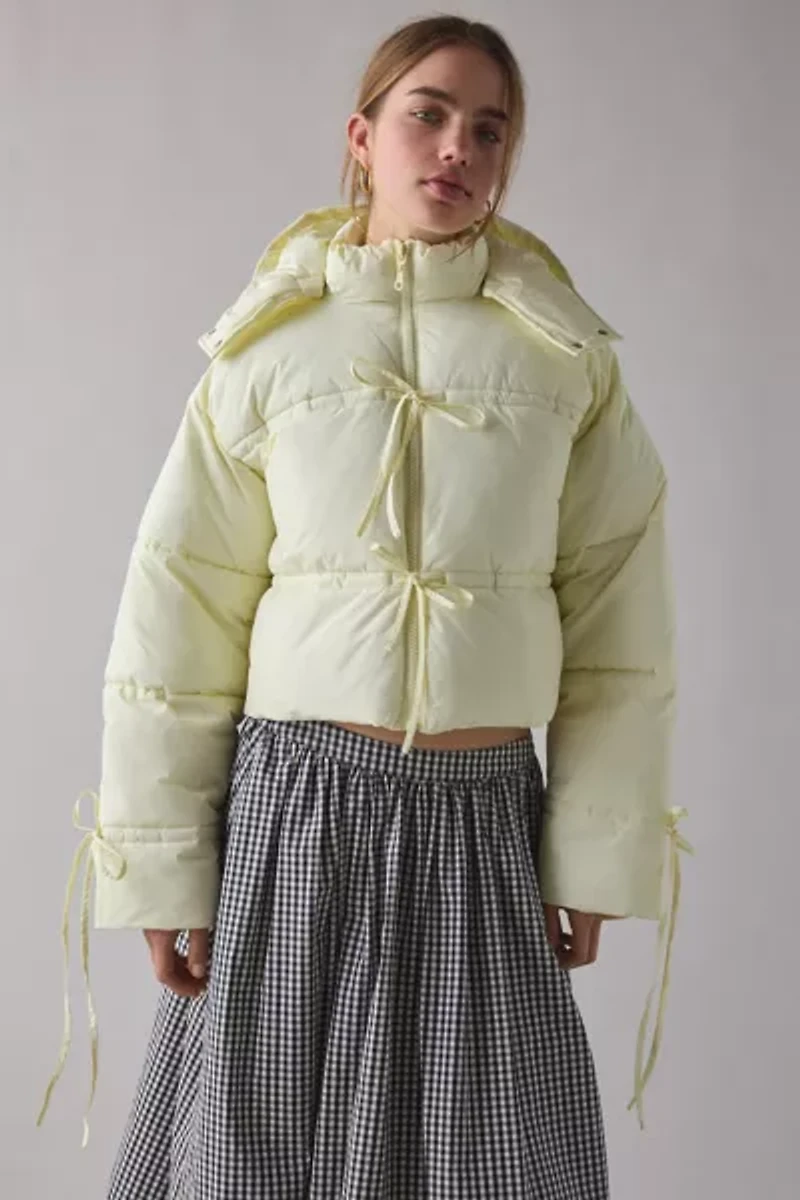 Daisy Street Willow Tie-Front Bow Cropped Puffer Jacket