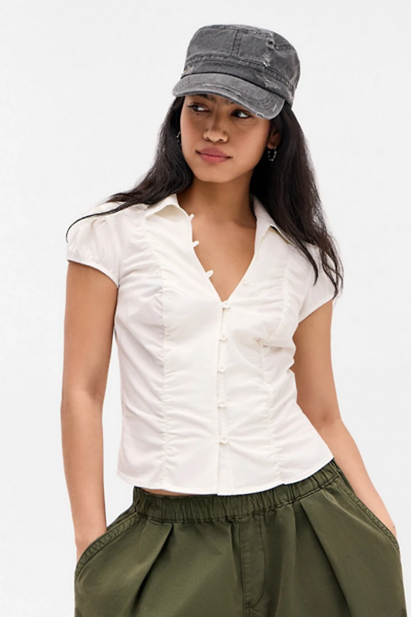 BDG Nadine Ruched Cap Sleeve Button-Down Shirt
