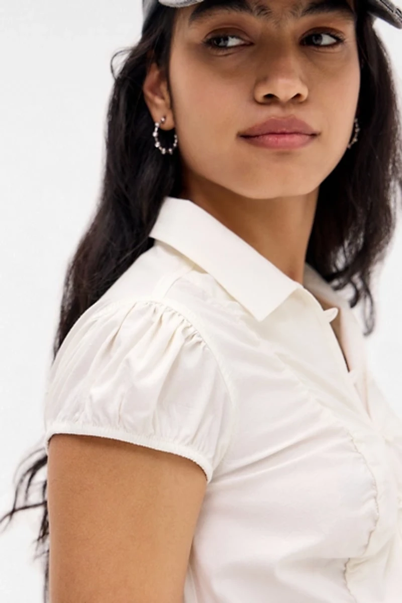 BDG Nadine Ruched Cap Sleeve Button-Down Shirt