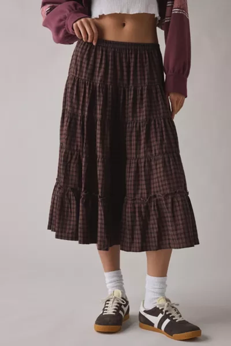 Kimchi Blue Betty Brown Plaid Tiered Midi Skirt