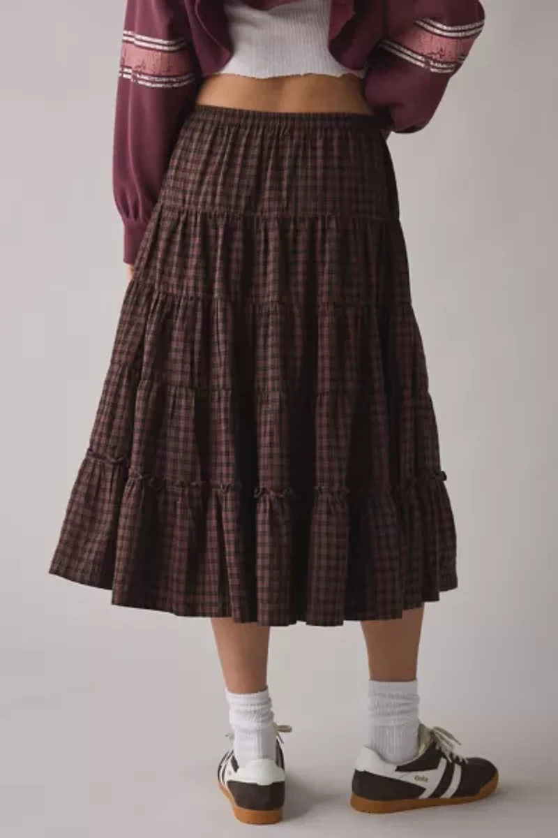 Kimchi Blue Betty Brown Plaid Tiered Midi Skirt