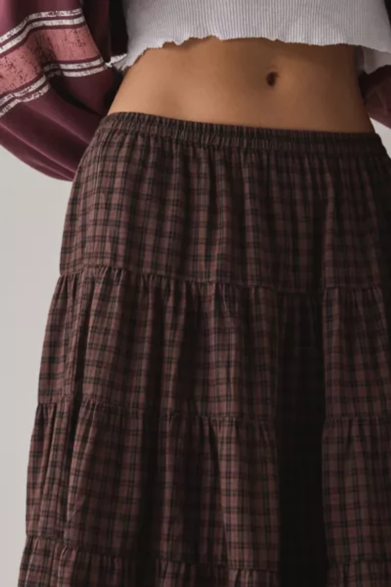 Kimchi Blue Betty Brown Plaid Tiered Midi Skirt