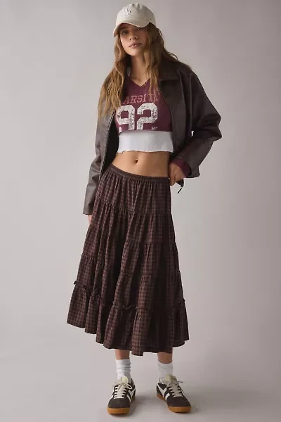 Kimchi Blue Betty Brown Plaid Tiered Midi Skirt