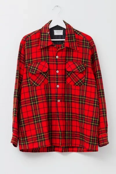 Vintage 1970s Distressed Loop Collar Plaid Work Shirt