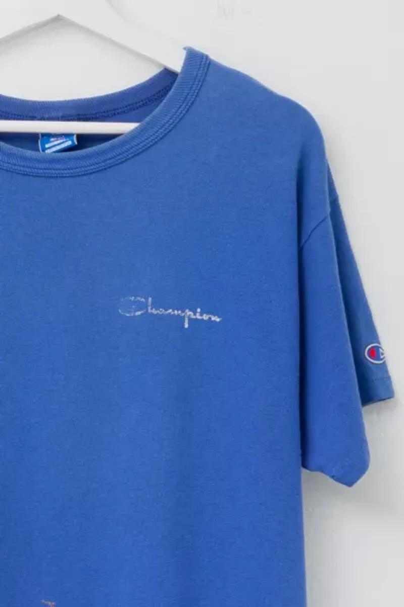 Vintage 1990s Champion Distressed Blue Cotton Logo T-Shirt