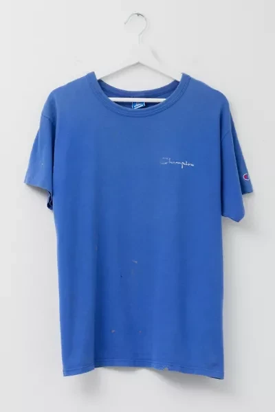 Vintage 1990s Champion Distressed Blue Cotton Logo T-Shirt