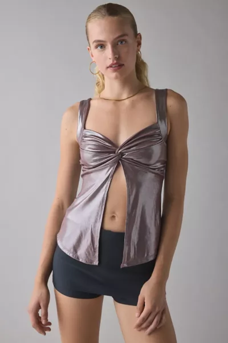 UO Maci Metallic Twist-Front Flyaway Tank Top