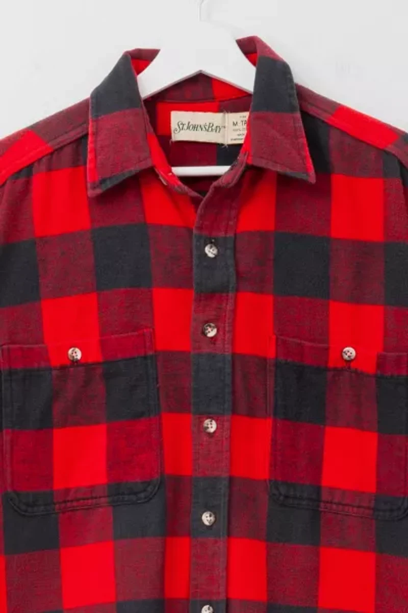 Vintage 1990s Distressed Red Black Plaid Cotton Flannel Shirt