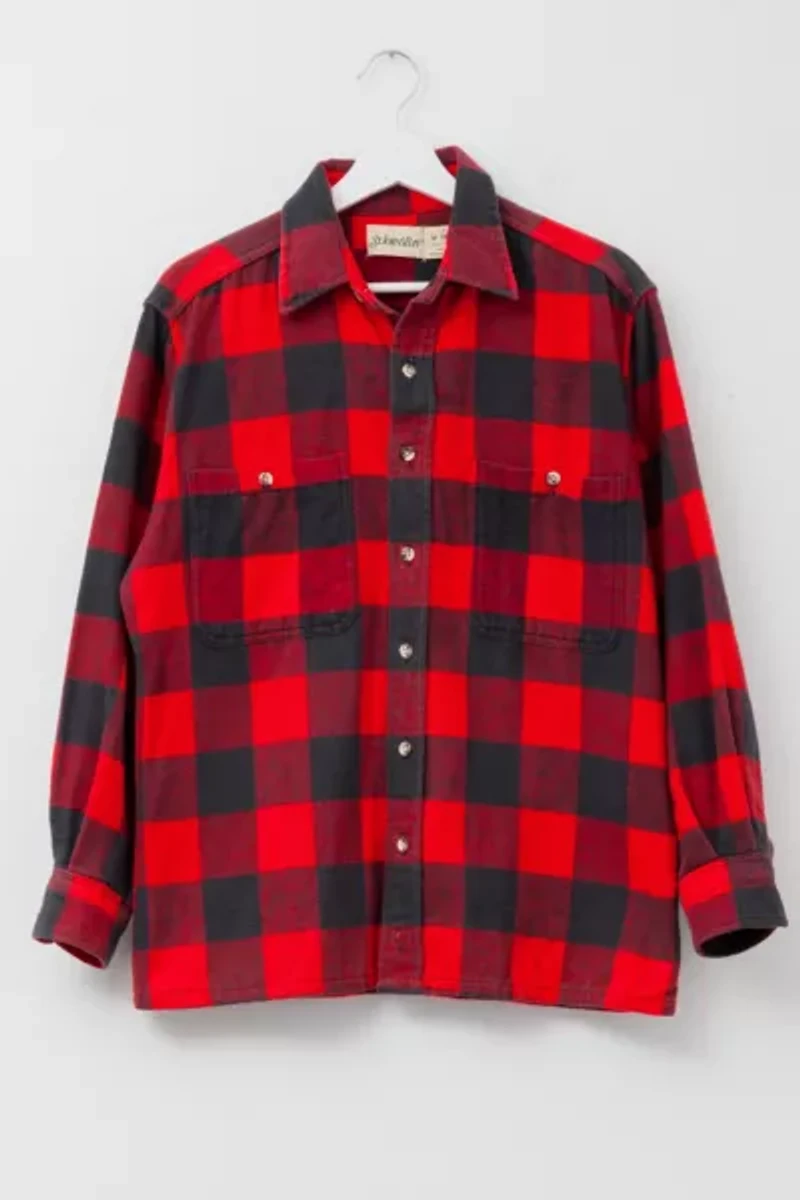 Vintage 1990s Distressed Red Black Plaid Cotton Flannel Shirt