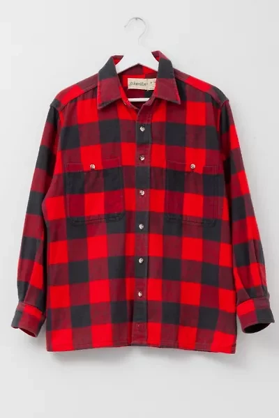 Vintage 1990s Distressed Red Black Plaid Cotton Flannel Shirt