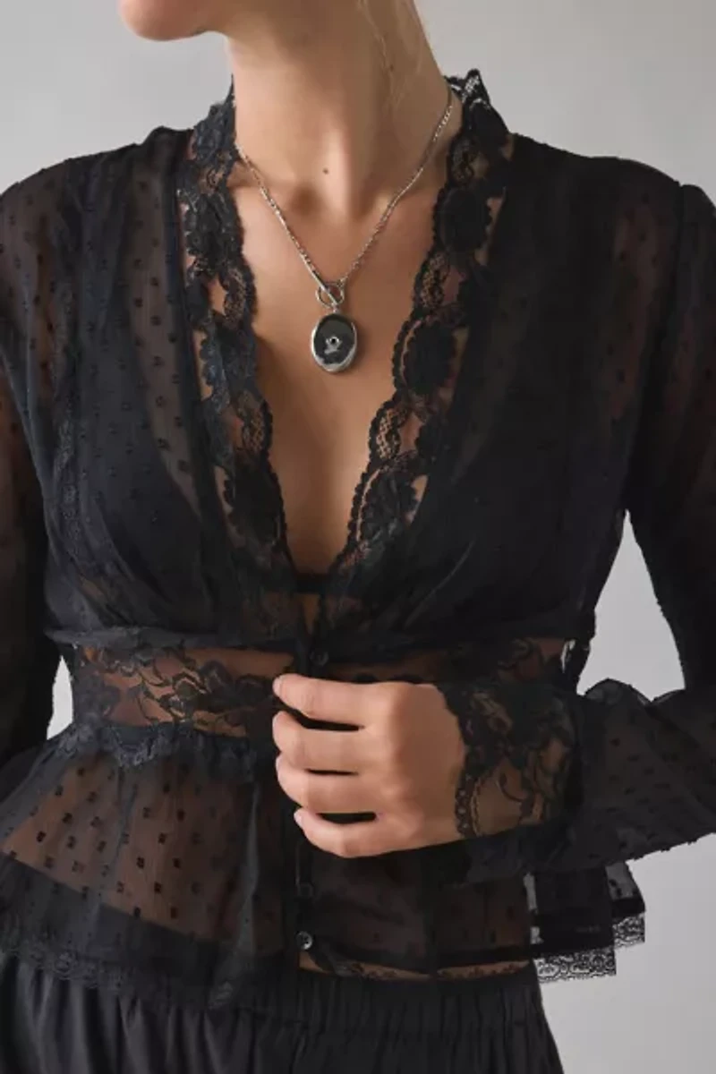 Kimchi Blue Dolly Sheer Swiss Dot Lace Trim Babydoll Blouse
