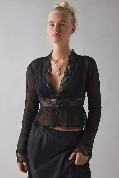 Kimchi Blue Dolly Sheer Swiss Dot Lace Trim Babydoll Blouse