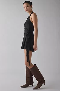 UO Fashionably Late Mesh Wrap Plunging Halter Mini Dress
