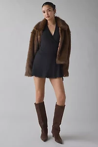 UO Fashionably Late Mesh Wrap Plunging Halter Mini Dress