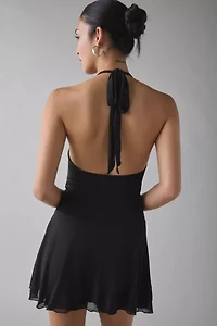 UO Fashionably Late Mesh Wrap Plunging Halter Mini Dress