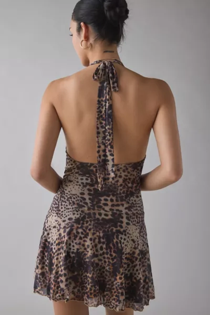 UO Fashionably Late Mesh Wrap Plunging Halter Mini Dress