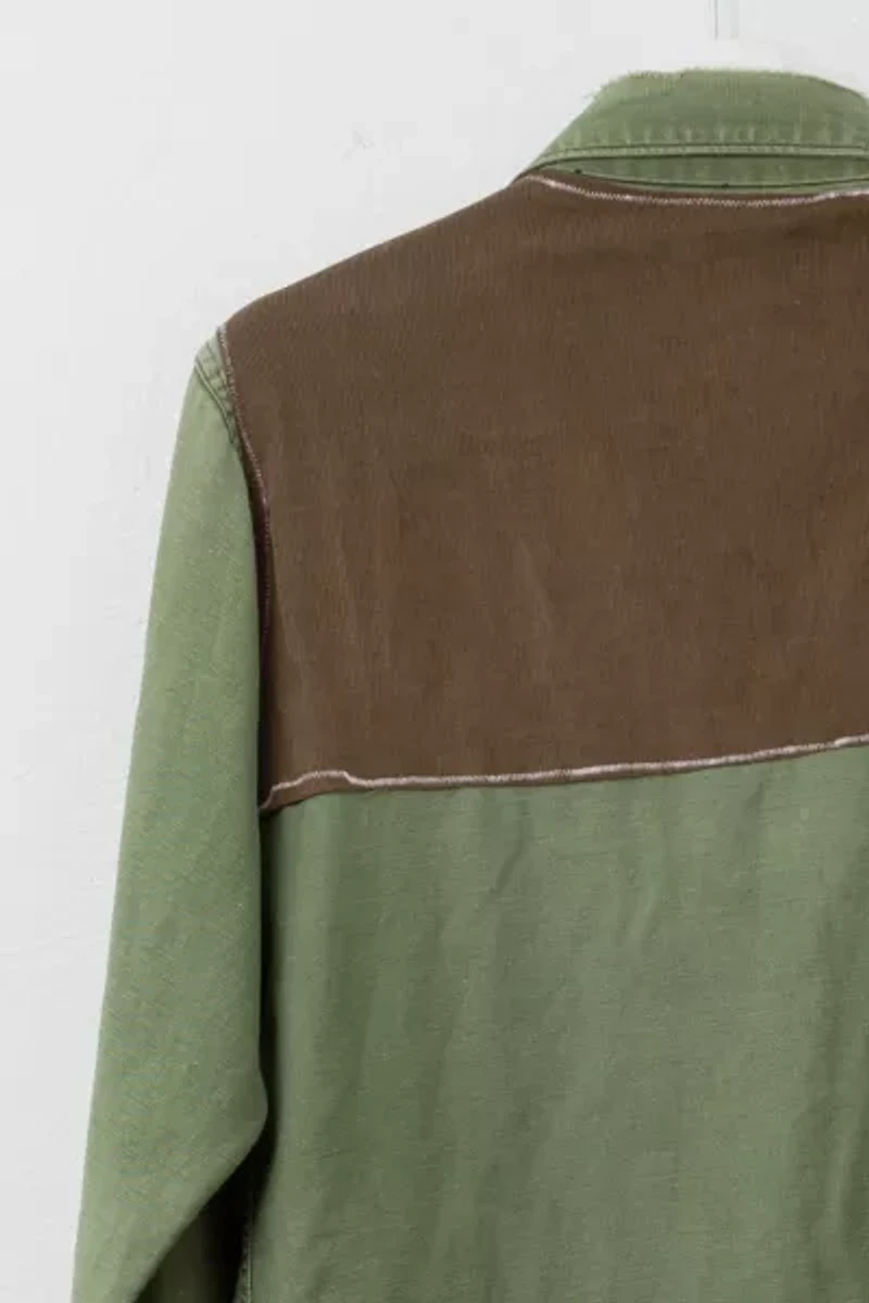 Vintage 1970s Distressed Green Cotton Corduroy Button Up Work Shirt