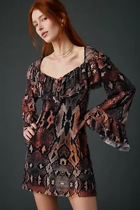 AFRM Harlem Scattered Snake Tiered Ruffle Bell Sleeve Mini Dress