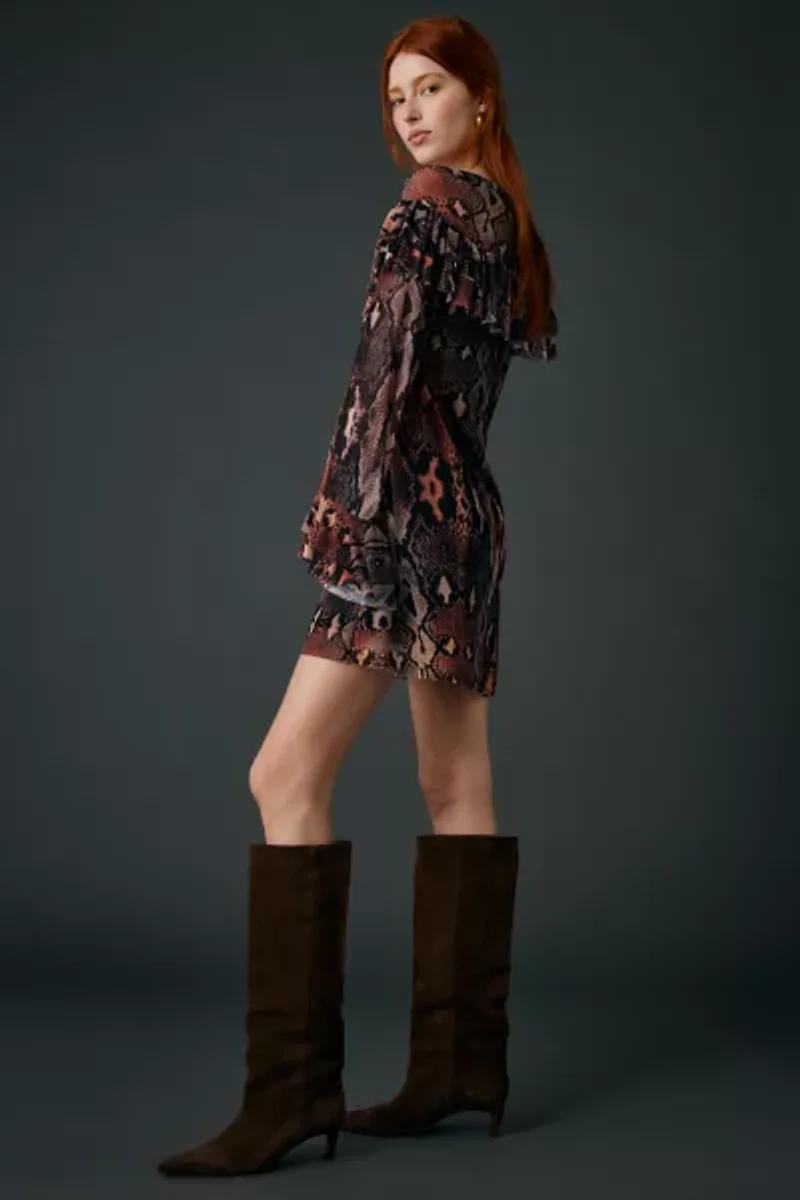 AFRM Harlem Scattered Snake Tiered Ruffle Bell Sleeve Mini Dress