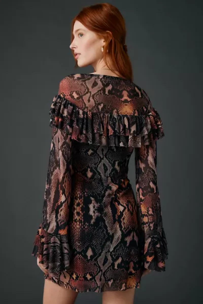 AFRM Harlem Scattered Snake Tiered Ruffle Bell Sleeve Mini Dress