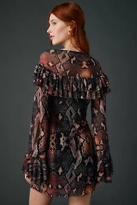 AFRM Harlem Scattered Snake Tiered Ruffle Bell Sleeve Mini Dress