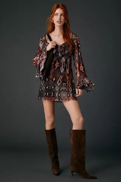 AFRM Harlem Scattered Snake Tiered Ruffle Bell Sleeve Mini Dress