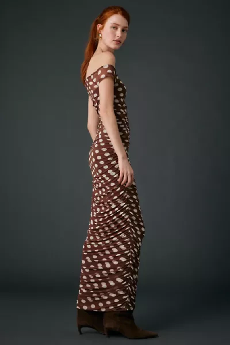 AFRM Biona Chocolate Halo Dot Ruched Mesh One-Shoulder Midi Dress