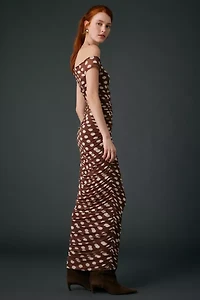 AFRM Biona Chocolate Halo Dot Ruched Mesh One-Shoulder Midi Dress