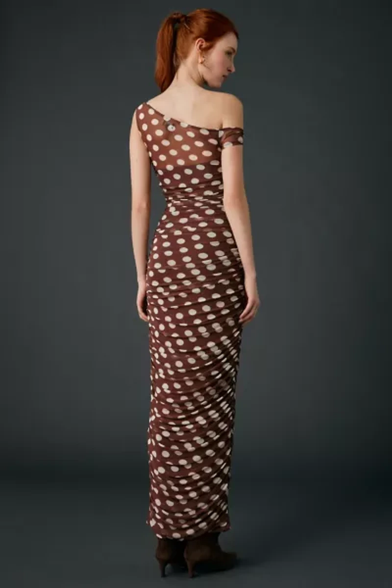 AFRM Biona Chocolate Halo Dot Ruched Mesh One-Shoulder Midi Dress