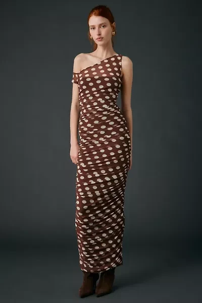 AFRM Biona Chocolate Halo Dot Ruched Mesh One-Shoulder Midi Dress