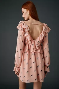 AFRM Arland Kitten Dot Ruffle Long Sleeve Babydoll Mini Dress