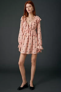 AFRM Arland Kitten Dot Ruffle Long Sleeve Babydoll Mini Dress
