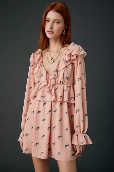 AFRM Arland Kitten Dot Ruffle Long Sleeve Babydoll Mini Dress