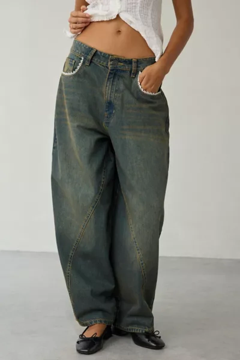 Daisy Street Evie Lace Trim Low-Rise Balloon Jean