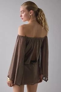 UO Bisou Metallic Mesh Bell Sleeve Off-The-Shoulder Mini Dress