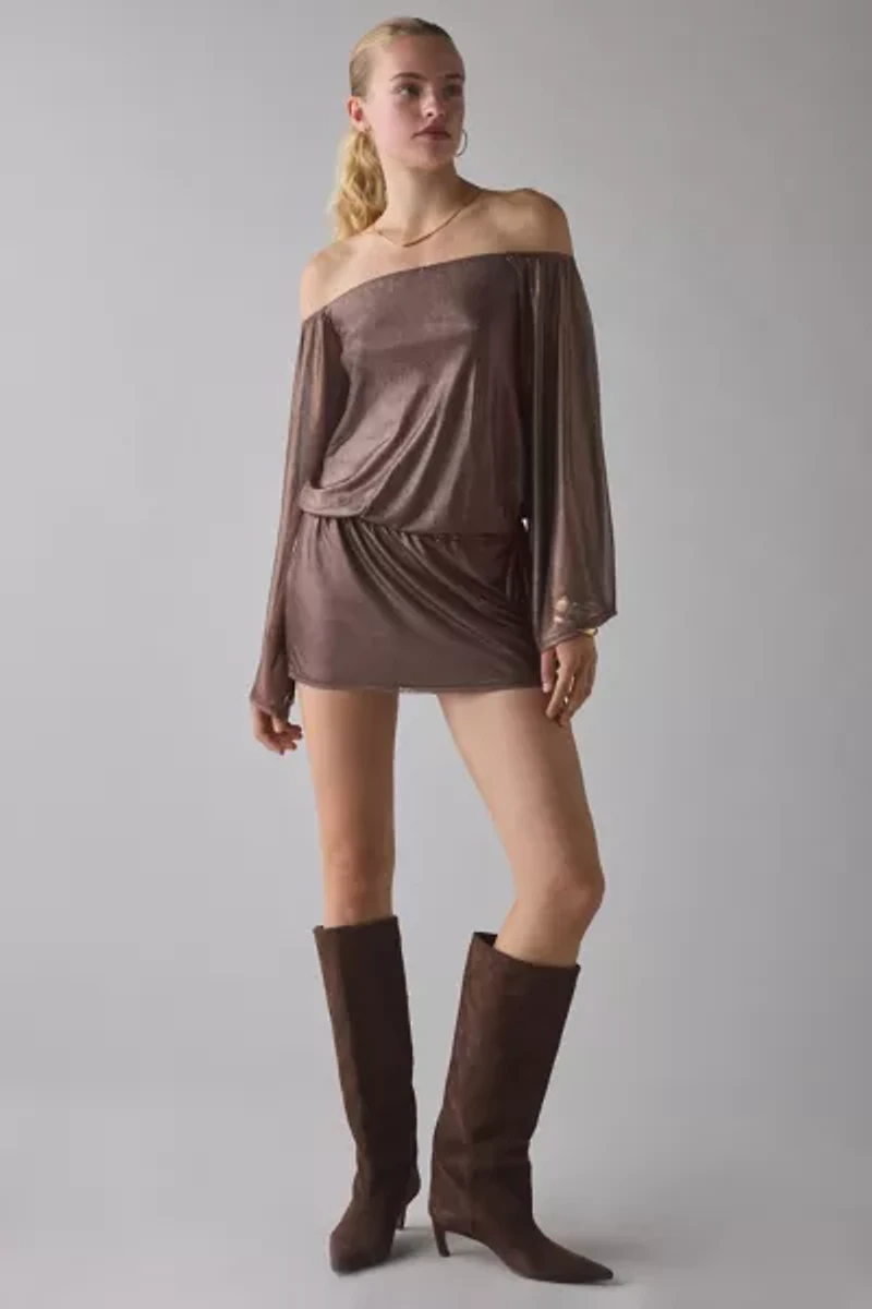 UO Bisou Metallic Mesh Bell Sleeve Off-The-Shoulder Mini Dress