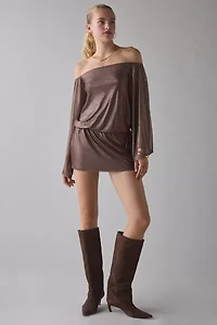 UO Bisou Metallic Mesh Bell Sleeve Off-The-Shoulder Mini Dress