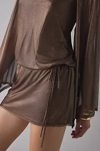 UO Bisou Metallic Mesh Bell Sleeve Off-The-Shoulder Mini Dress