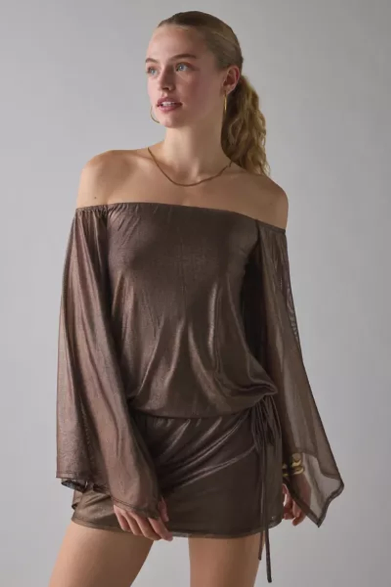 UO Bisou Metallic Mesh Bell Sleeve Off-The-Shoulder Mini Dress