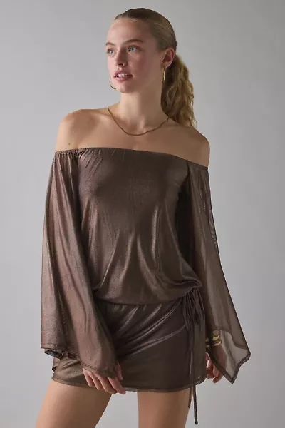 UO Bisou Metallic Mesh Bell Sleeve Off-The-Shoulder Mini Dress