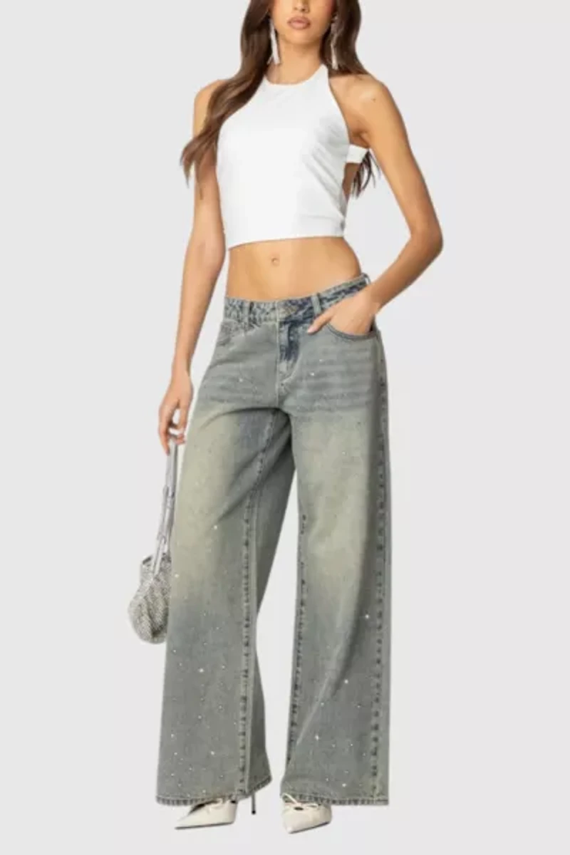 Edikted Rhinestone Low Rise Washed Jeans