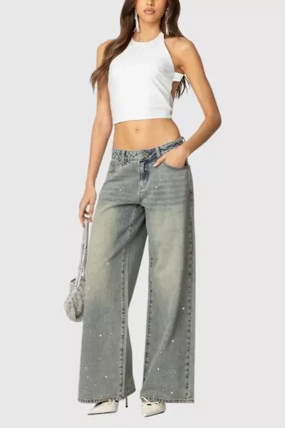 Edikted Rhinestone Low Rise Washed Jeans