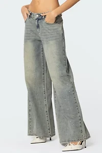 Edikted Rhinestone Low Rise Washed Jeans