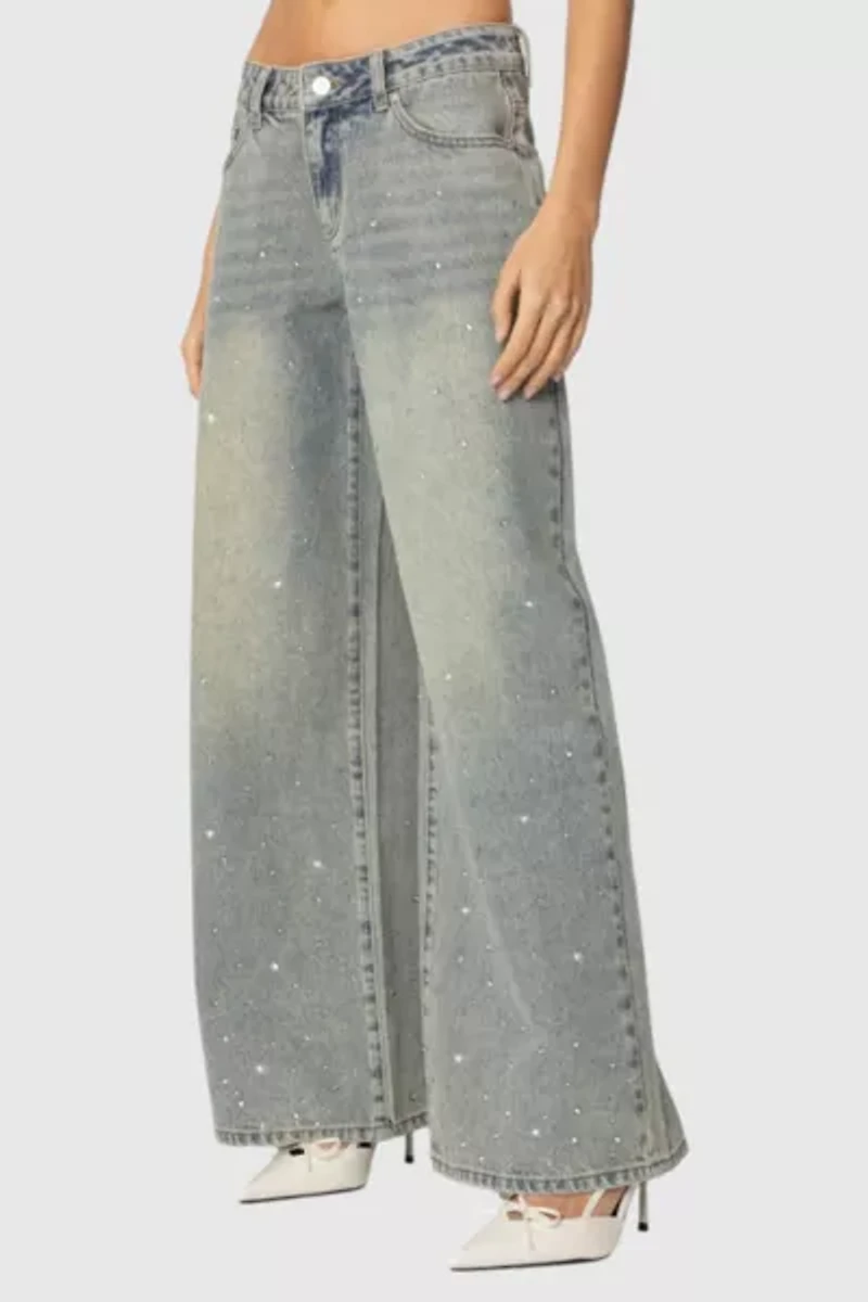 Edikted Rhinestone Low Rise Washed Jeans