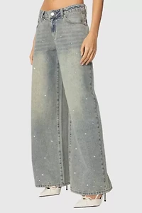 Edikted Rhinestone Low Rise Washed Jeans