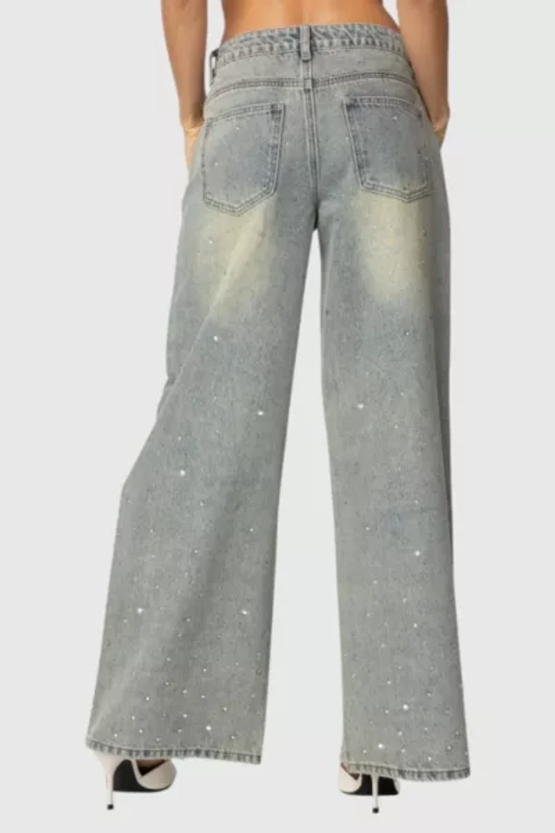 Edikted Rhinestone Low Rise Washed Jeans