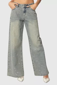 Edikted Rhinestone Low Rise Washed Jeans